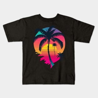 Synth Island Sunset Synthwave Aesthetic Palm Tree Silhouette Kids T-Shirt